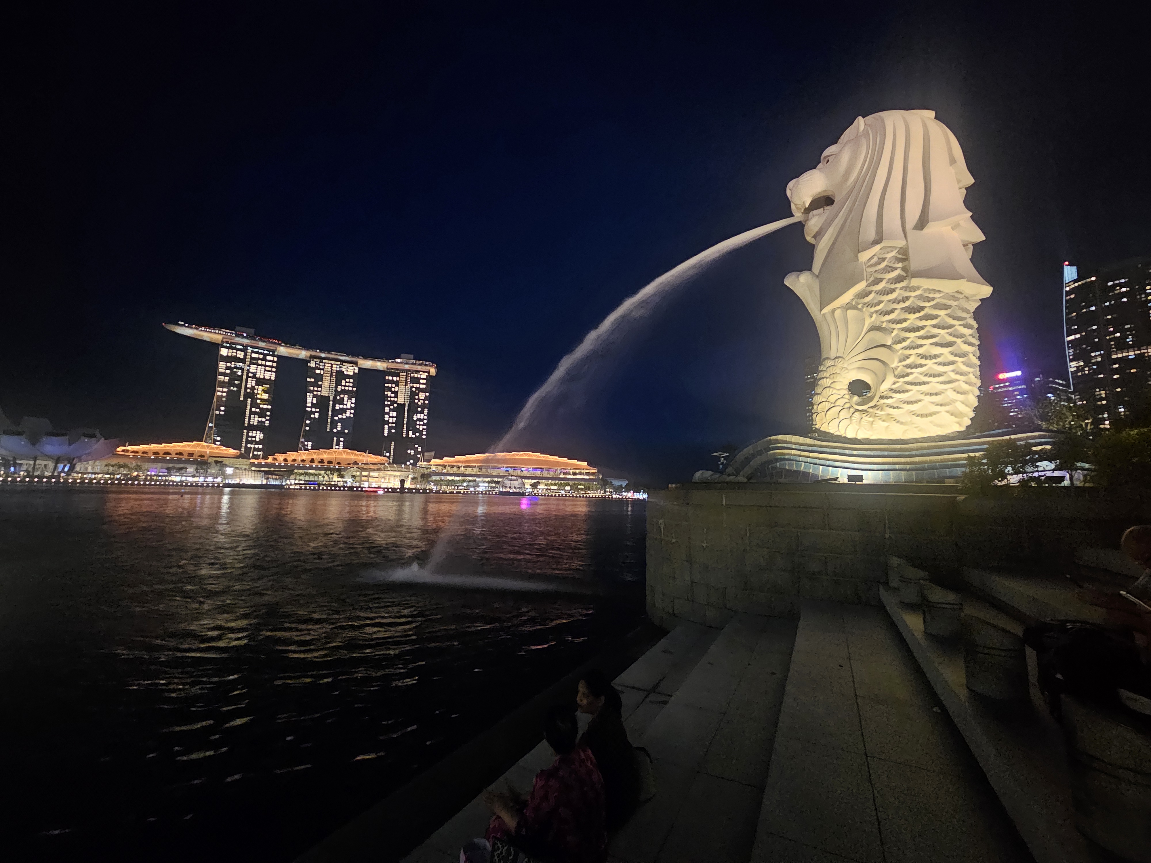 Night view of the Merlion statue with Marina Bay Sands in the background