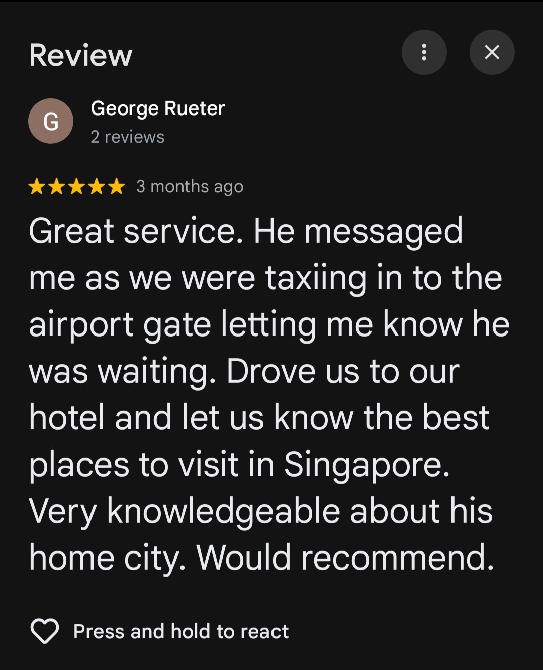 5-star Google review for Singapore airport transfer