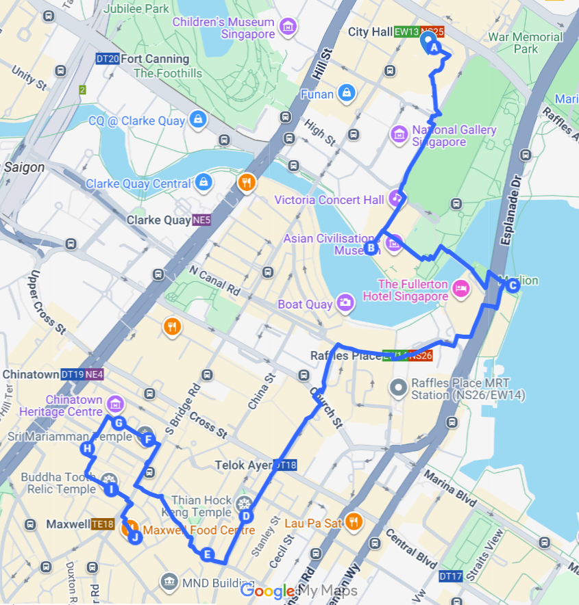 Route map for the Stories of Old Singapore private car tour