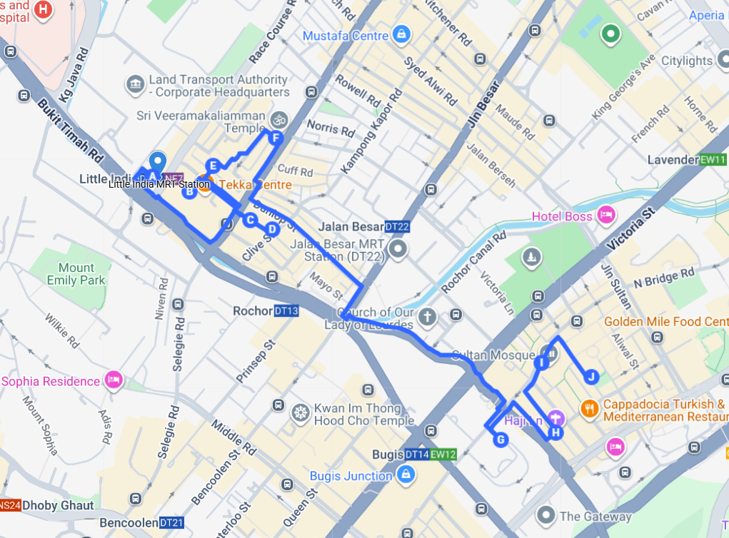 Walking route map for the Singapore cultural walking tour