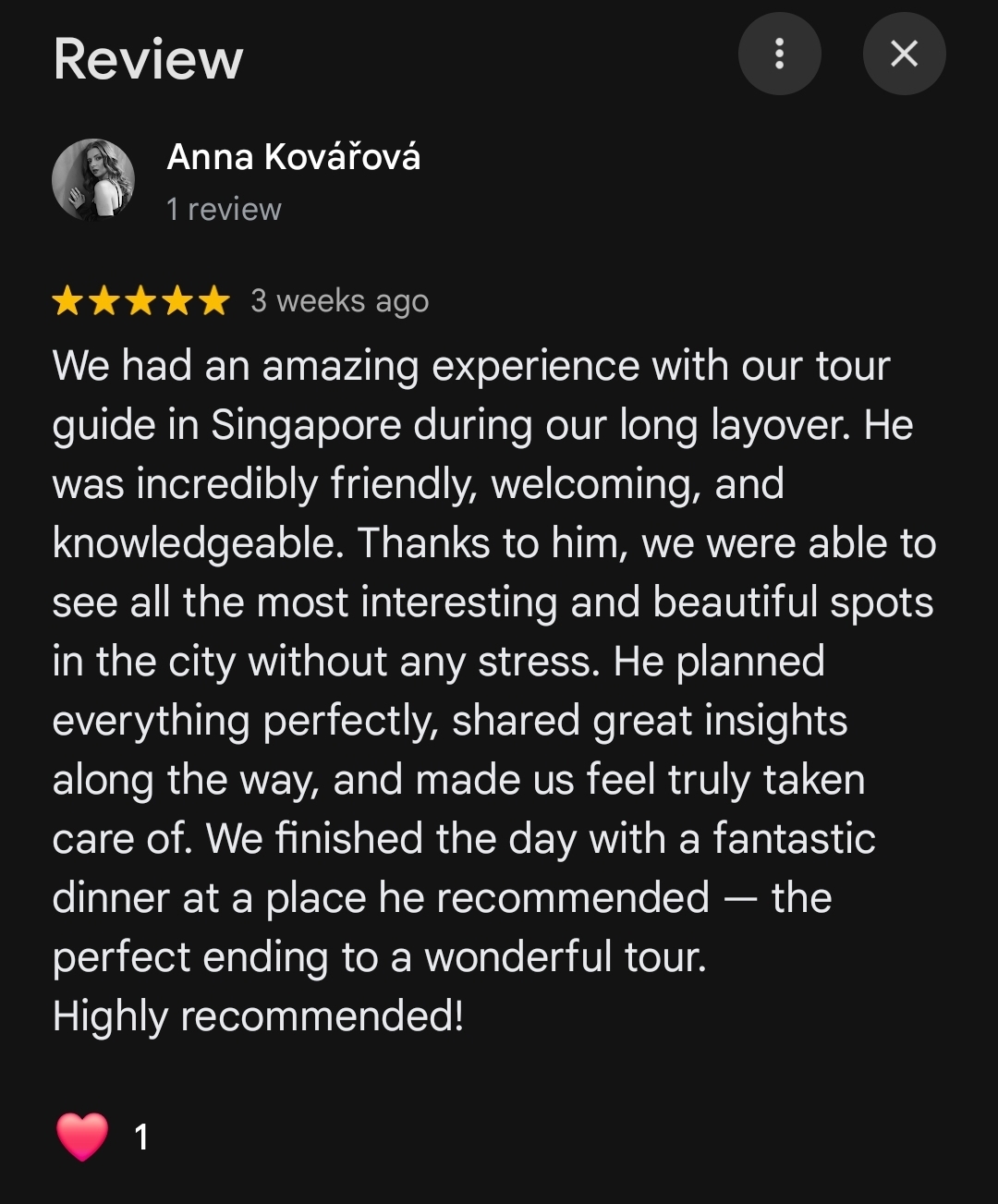 WhatsApp message review from layover guest thanking Khai for a Singapore layover tour