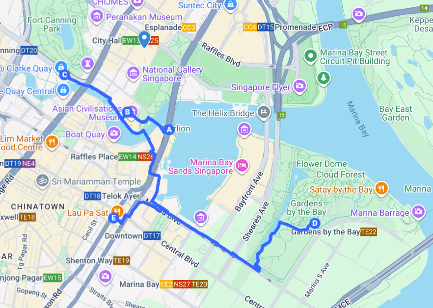 Route map for the Singapore Sunset evening car tour